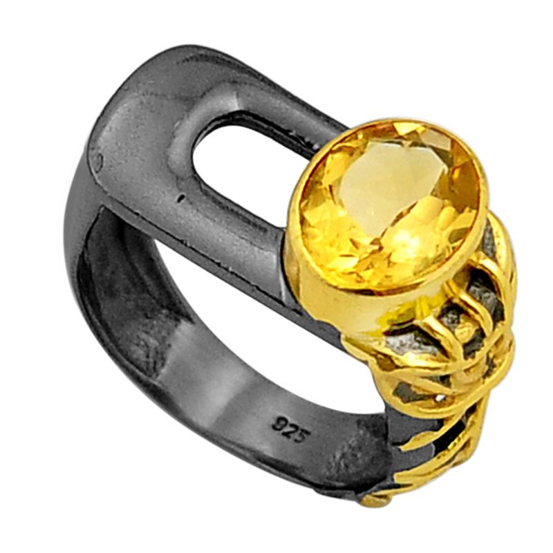 Bague citrine naturelle Brésil AAA argent 925 Rhodium noir