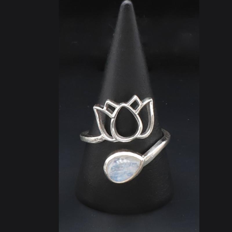 Bague réglable Pierre de lune arc en ciel (Péristérite) Inde AA argent 925