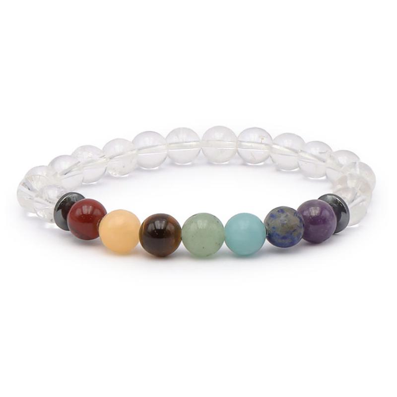 Bracelet 7 chakras cristal de roche A (boules de 7-8mm)