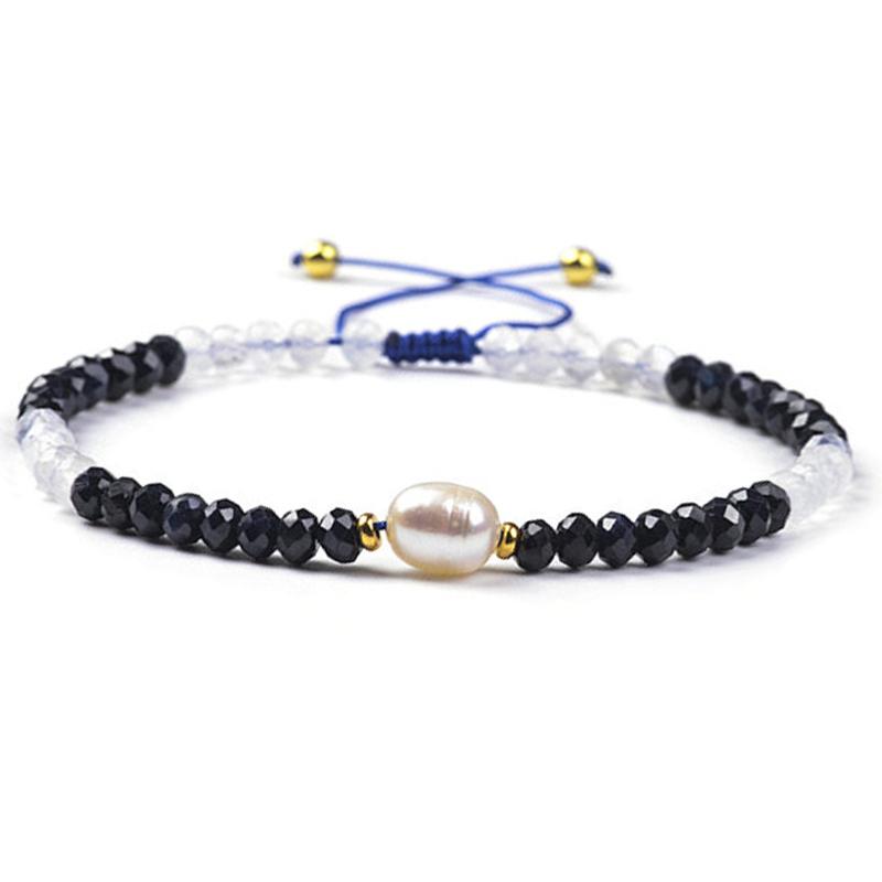 Bracelet Shamballa multi spinelle noir, pierre de lune et perle d&