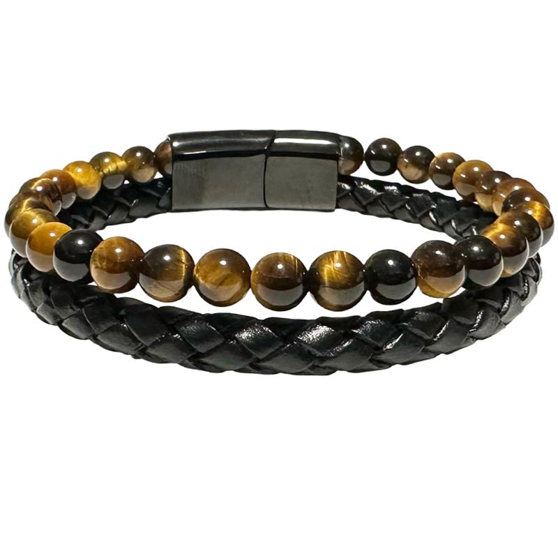 Bracelet Homme cuir onyx et oeil de tigre (boules 5-6mm)