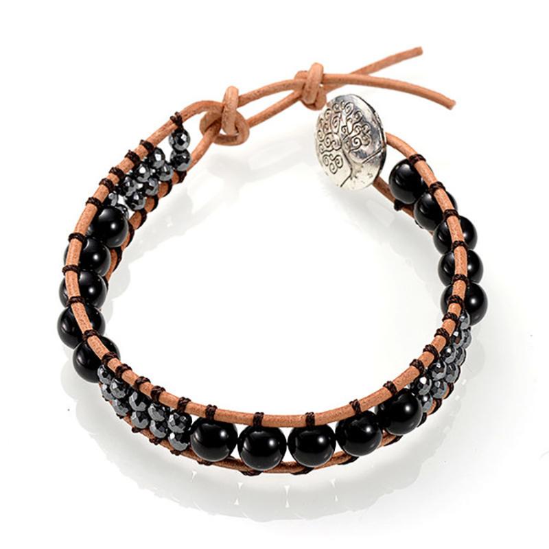 Bracelet cuir mixte onyx (boules 7-8mm)