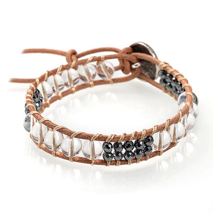 Bracelet cuir mixte cristal de roche (boules 7-8mm)