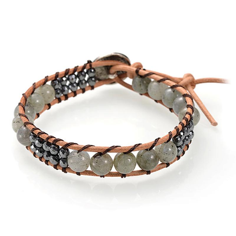 Bracelet cuir mixte labradorite (boules 7-8mm)