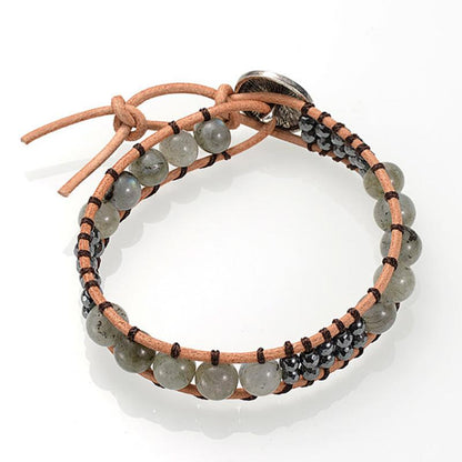 Bracelet cuir mixte labradorite (boules 7-8mm)