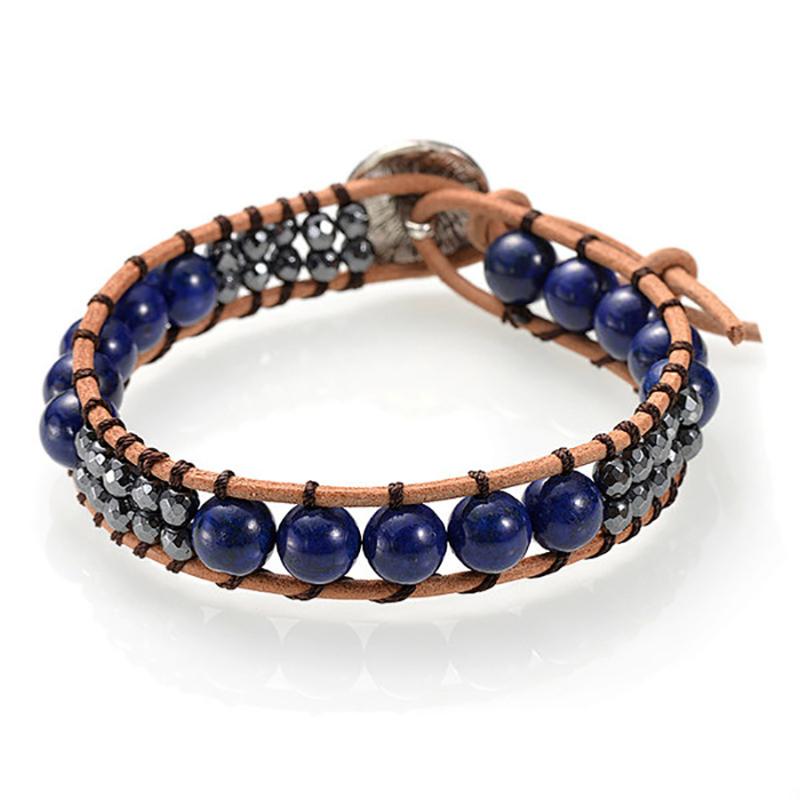 Bracelet cuir mixte lapis lazuli (boules 7-8mm)