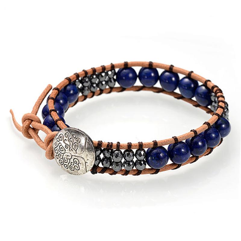 Bracelet cuir mixte lapis lazuli (boules 7-8mm)