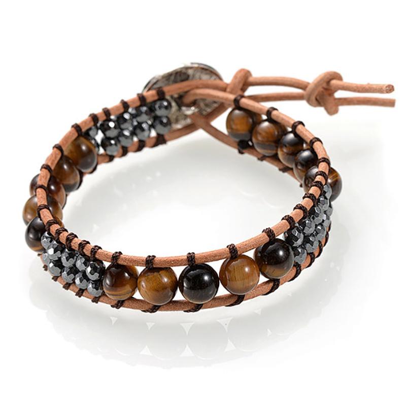 Bracelet cuir mixte oeil de tigre (boules 7-8mm)