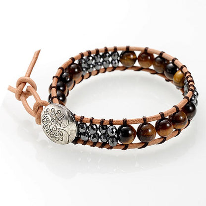 Bracelet cuir mixte oeil de tigre (boules 7-8mm)