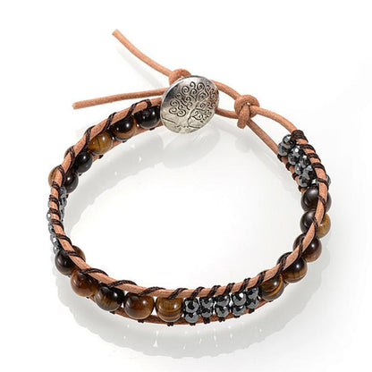 Bracelet cuir mixte oeil de tigre (boules 7-8mm)