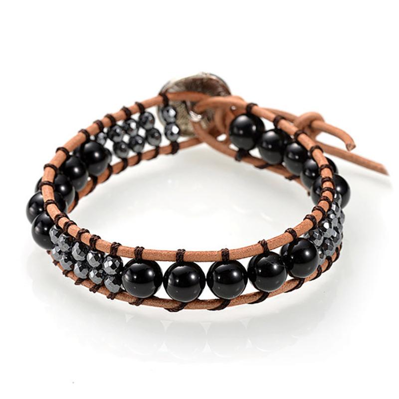 Bracelet cuir mixte onyx (boules 7-8mm)