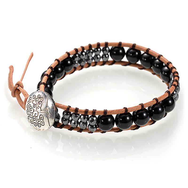 Bracelet cuir mixte onyx (boules 7-8mm)