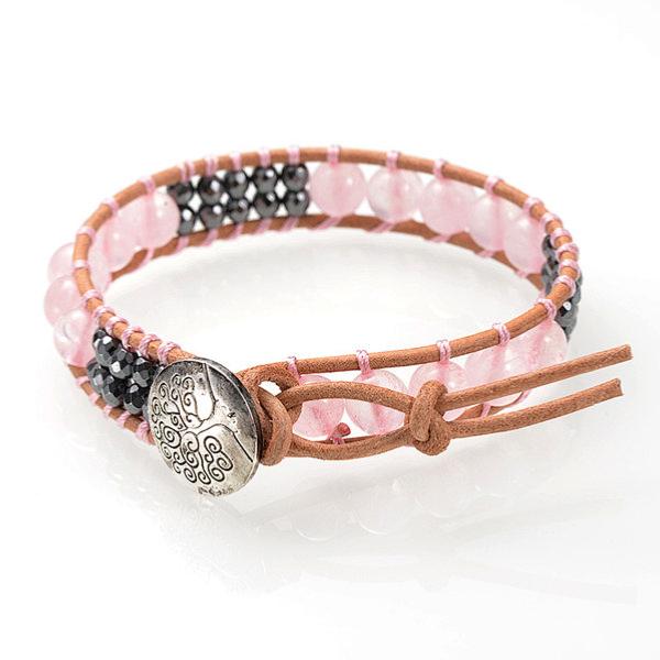 Bracelet cuir mixte quartz rose (boules 7-8mm)