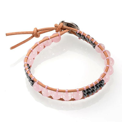 Bracelet cuir mixte quartz rose (boules 7-8mm)