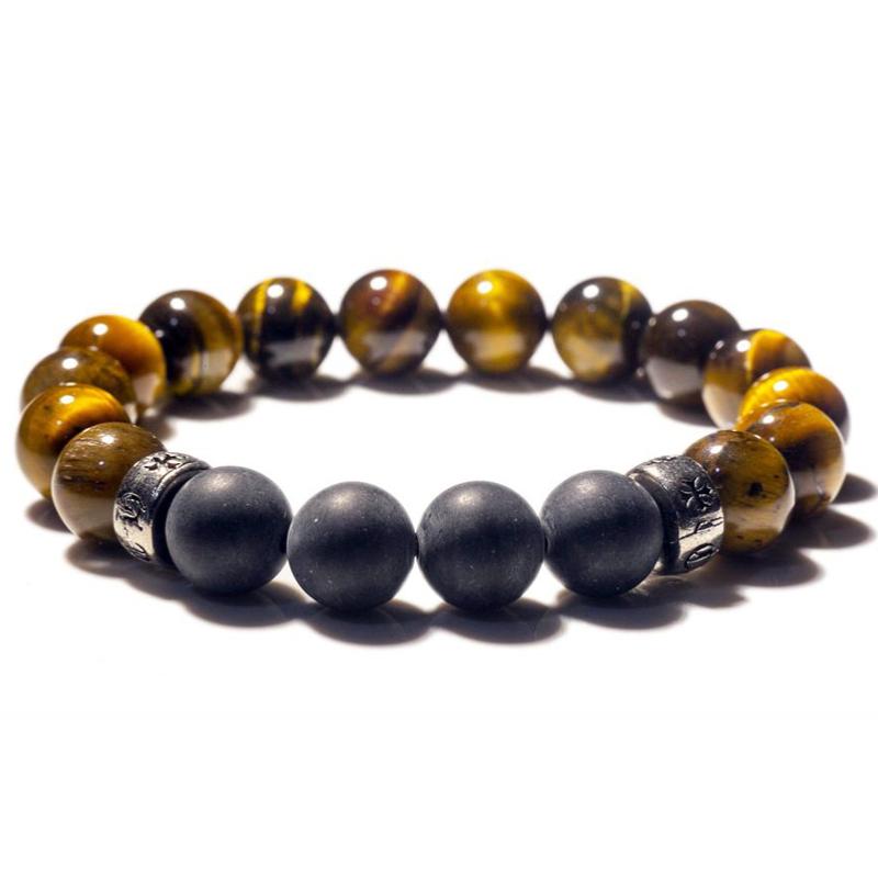 Bracelet Homme: oeil de tigre, onyx dépoli (boules 10mm)