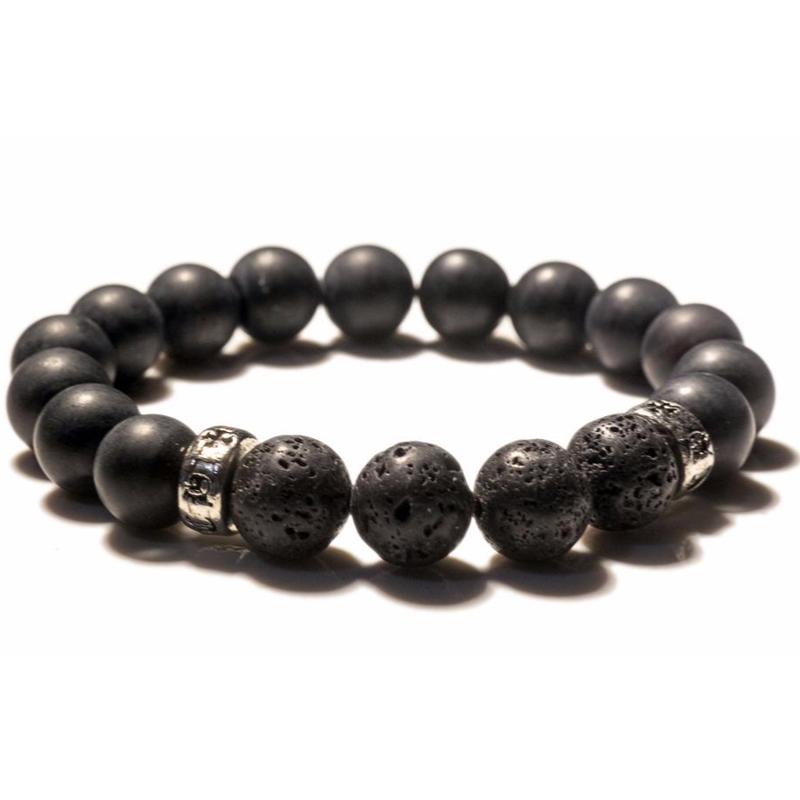 Bracelet Homme: onyx dépoli, pierre de lave (boules 10mm)