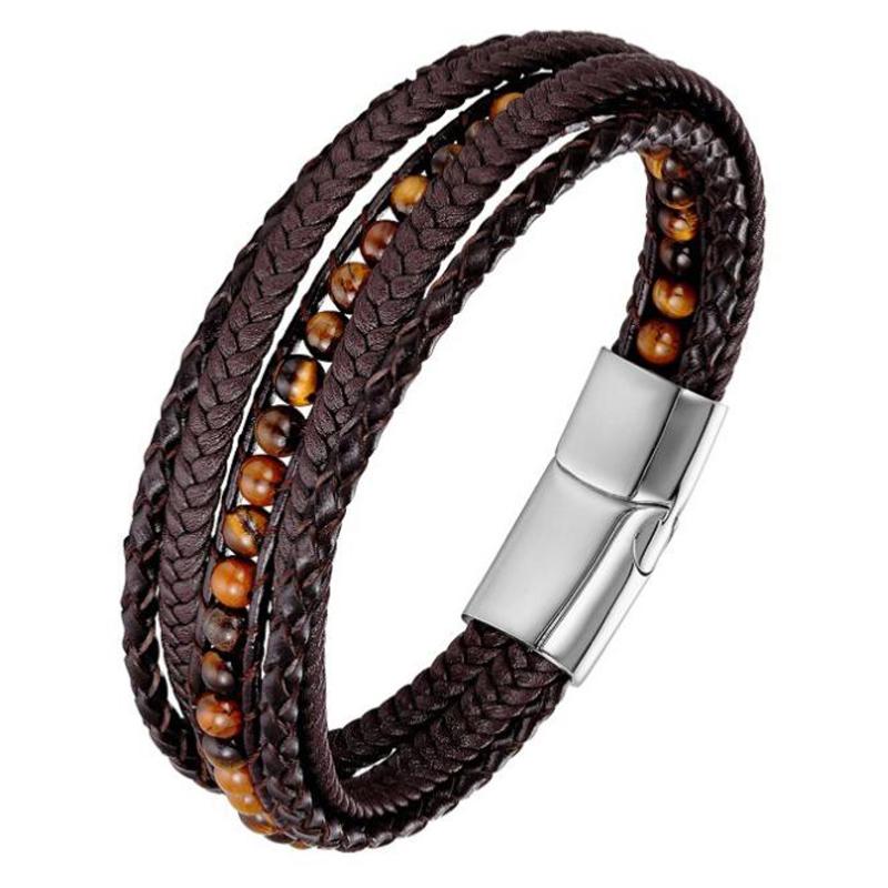 Bracelet Homme cuir et oeil de tigre (boules 3-4mm)