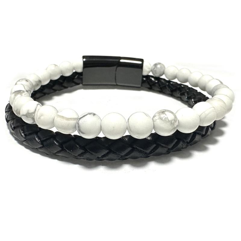 Bracelet Homme cuir howlite (boules 5-6mm)