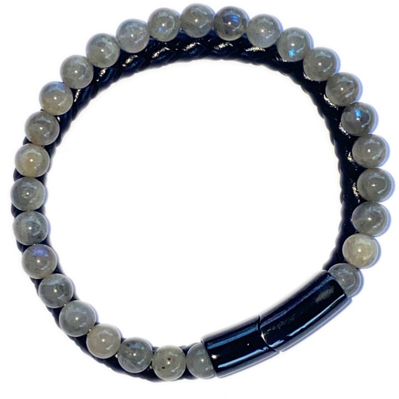 Bracelet Homme cuir labradorite (boules 5-6mm)