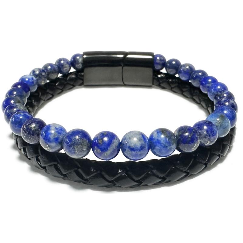 Bracelet Homme cuir lapis lazuli (boules 5-6mm)