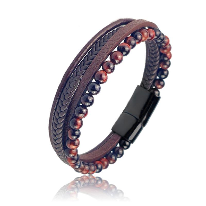 Bracelet Homme cuir marron oeil de taureau (boules 5-6mm)