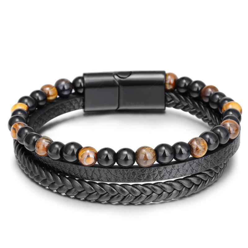 Bracelet Homme cuir noir onyx oeil de tigre (boules 5-6mm)