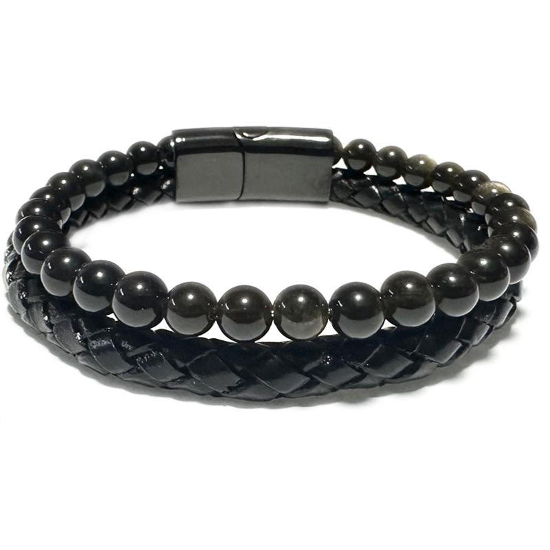 Bracelet Homme cuir obsidienne dorée (boules 5-6mm)