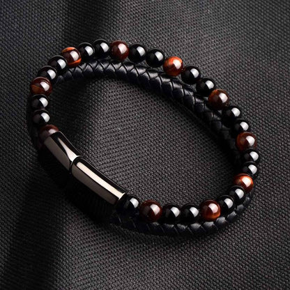 Bracelet Homme cuir onyx et oeil de taureau (boules 5-6mm)