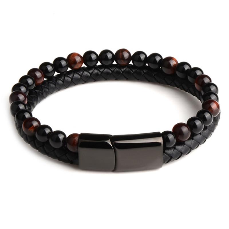 Bracelet Homme cuir onyx et oeil de taureau (boules 5-6mm)