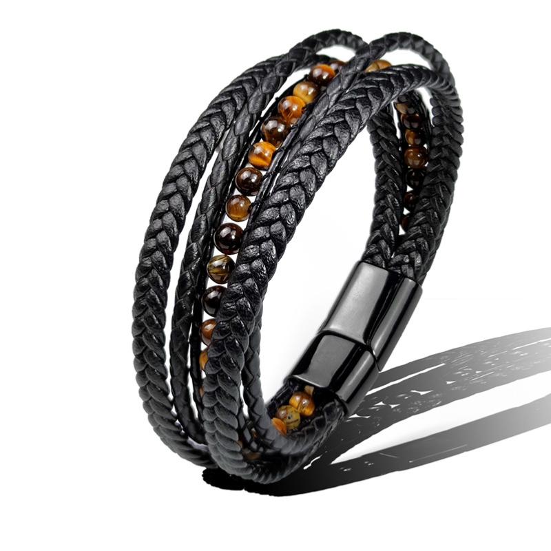 Bracelet Homme cuir oeil de tigre (boules 3-4mm)