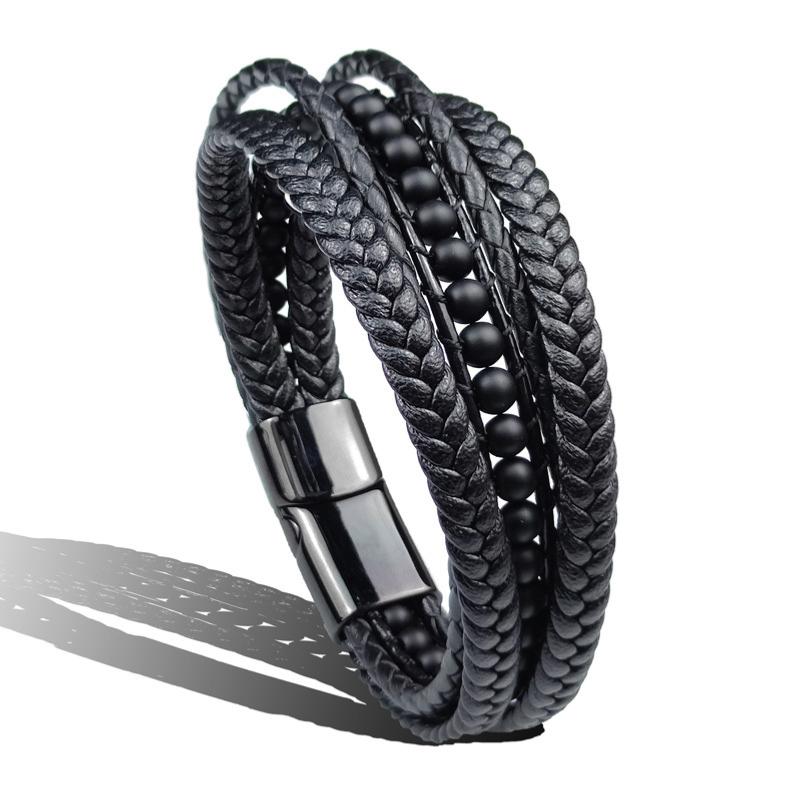 Bracelet Homme cuir onyx dépoli (boules 3-4mm)