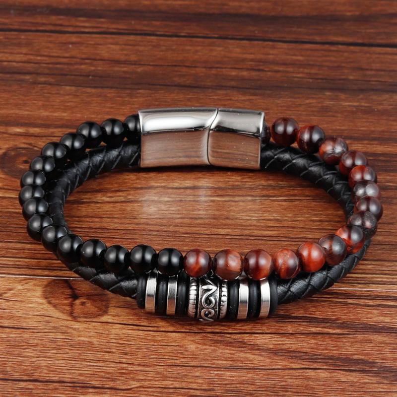 Bracelet Homme cuir onyx et oeil de taureau (boules 5-6mm)