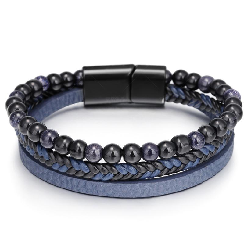 Bracelet Homme cuir bleu onyx pierre d&