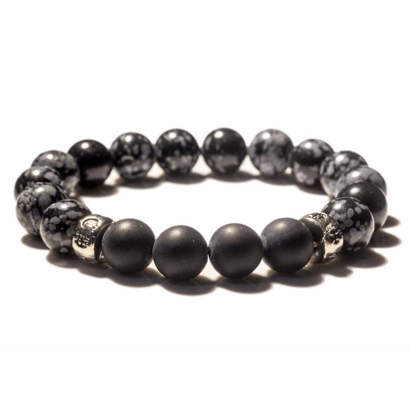 Bracelet Homme: obsidienne neige, onyx dépoli (boules 10mm)