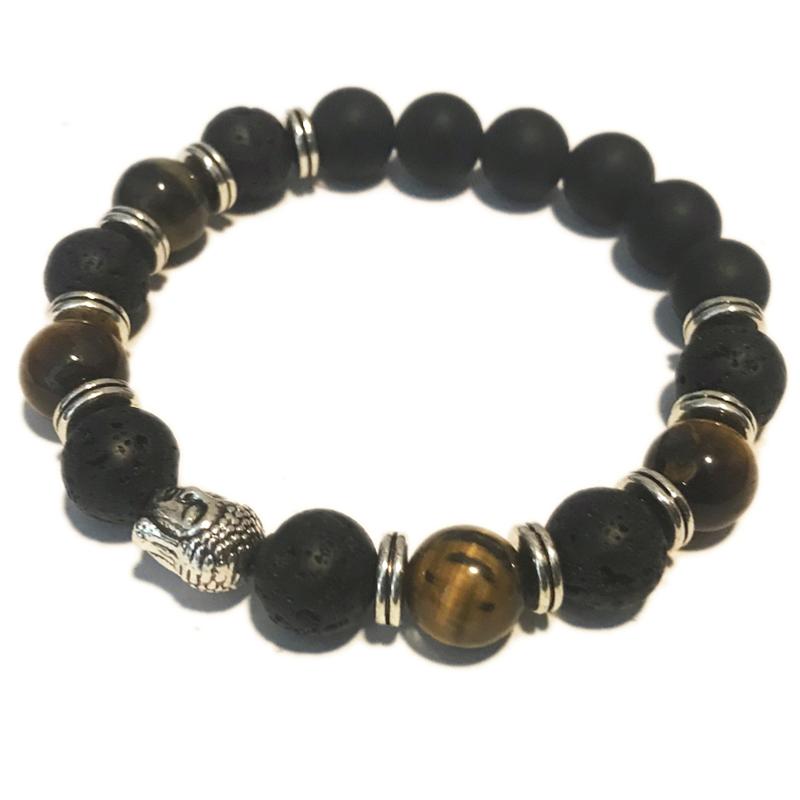 Bracelet Homme: onyx dépoli, oiel de tigre,  pierre de lave A (boules 10mm)