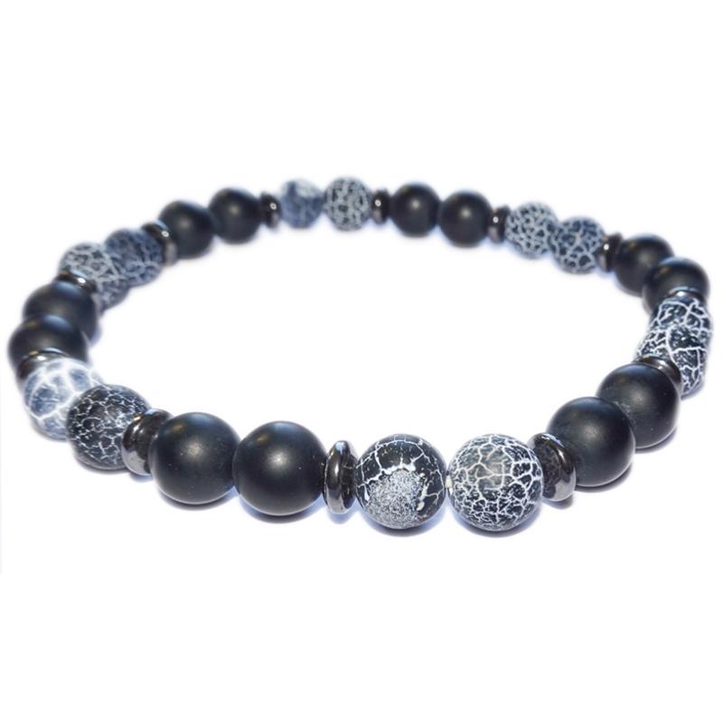 Bracelet Homme: onyx dépoli,  hématite, agate toile d&