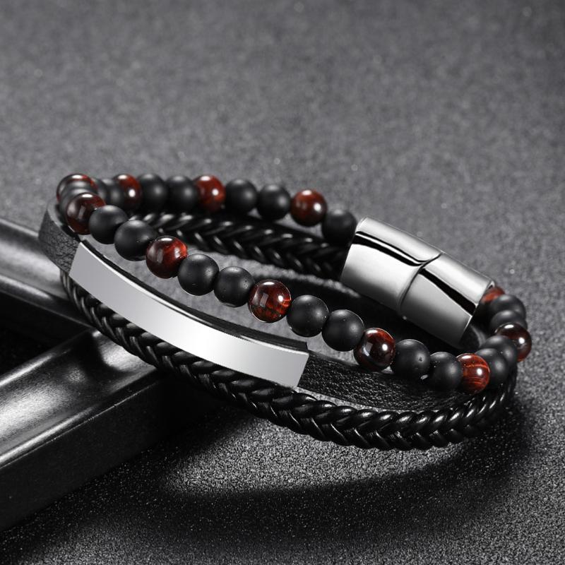 Bracelet Homme cuir onyx dépoli-oeil de taureau (finition au choix)