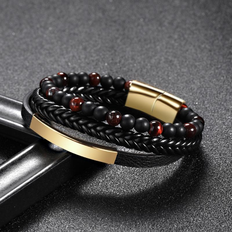 Bracelet Homme cuir onyx dépoli-oeil de taureau (finition au choix)