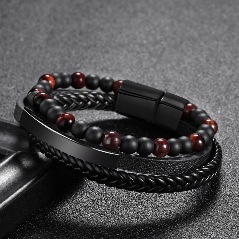 Bracelet Homme cuir onyx dépoli-oeil de taureau (finition au choix)