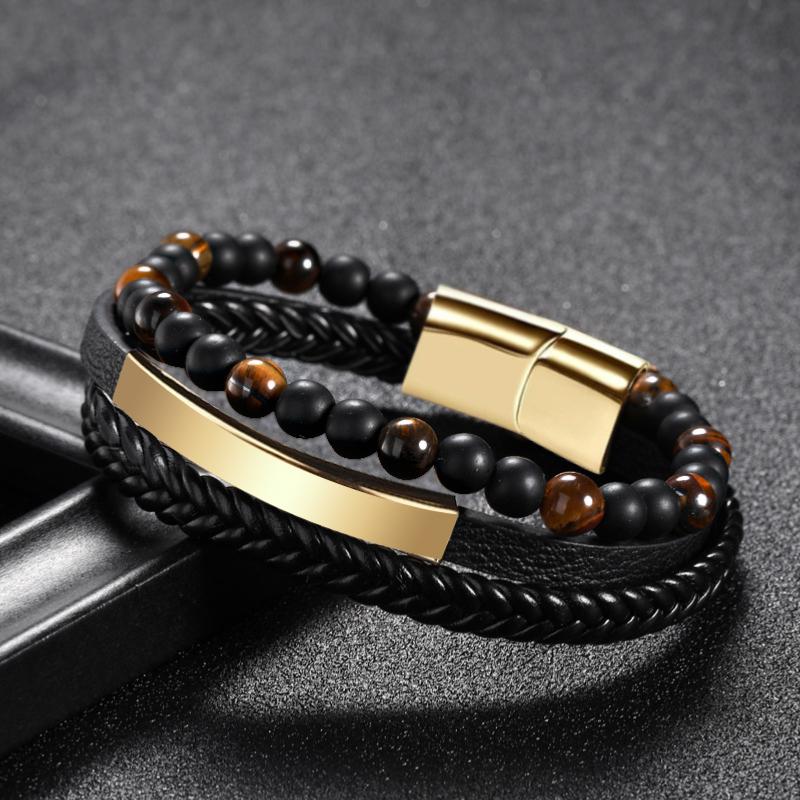 Bracelet Homme cuir onyx dépoli-oeil de tigre (finition au choix)