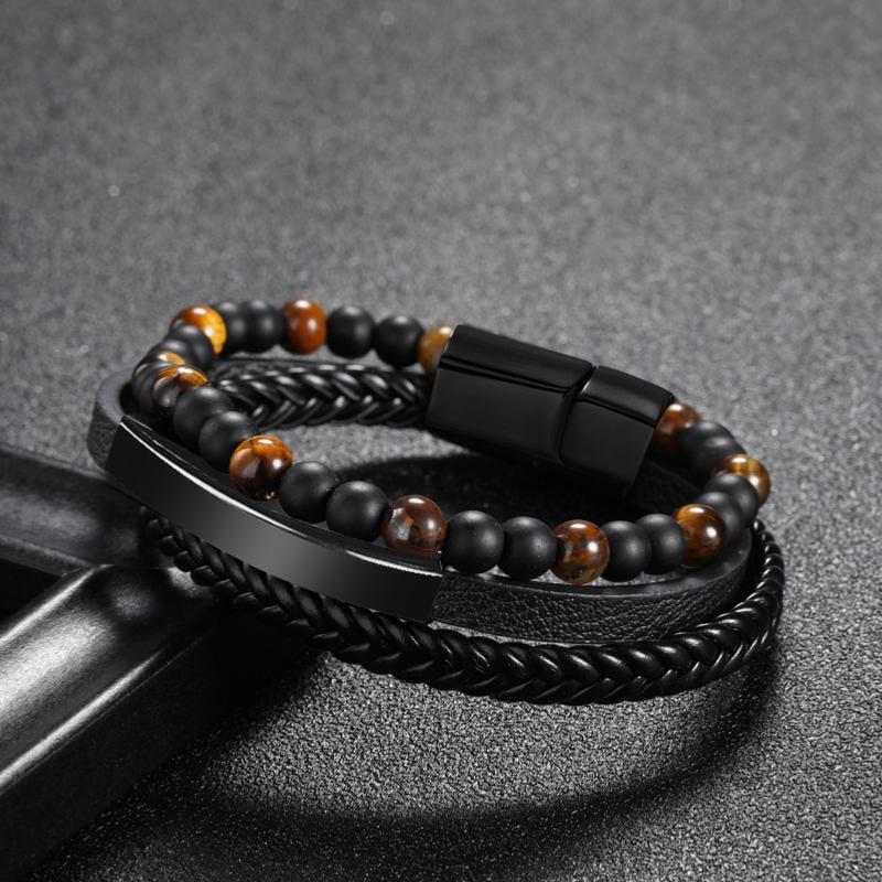 Bracelet Homme cuir onyx dépoli-oeil de tigre (finition au choix)