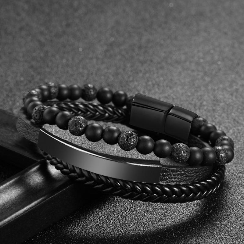 Bracelet Homme cuir onyx dépoli-pierre de lave (finition au choix)