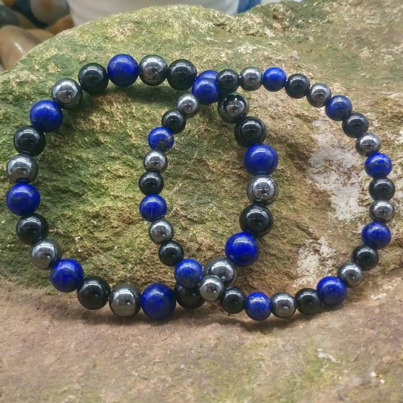 Bracelet lapis-lazuli, hématite, onyx (boules 5-6mm)