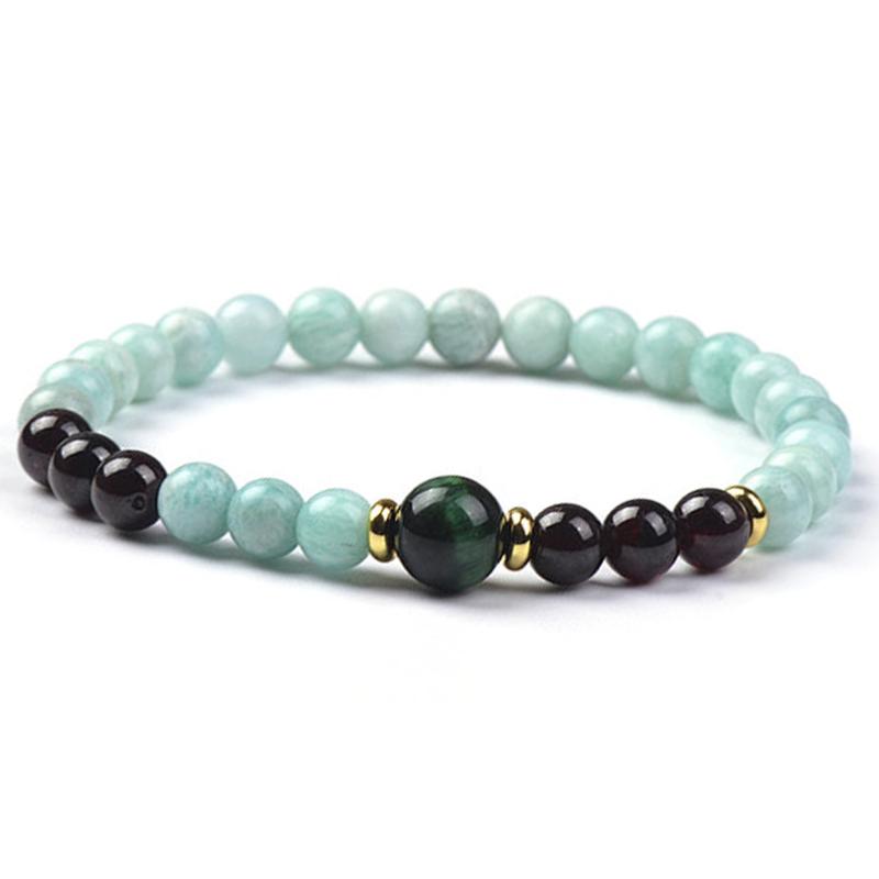 Bracelet multi amazonite, grenat rouge almandin, oeil de tigre teintée A+ (boules 5-6mm)