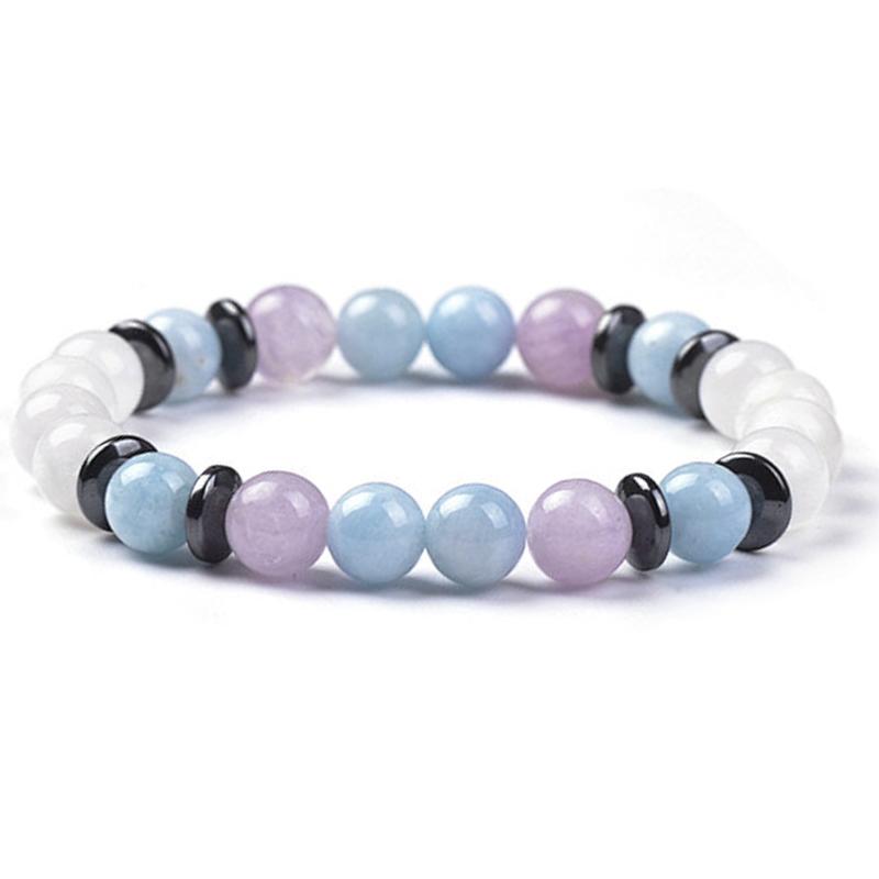 Bracelet multi Aigue-marine, améthyste lavande, pierre de lune A+ (boules 7-8mm)