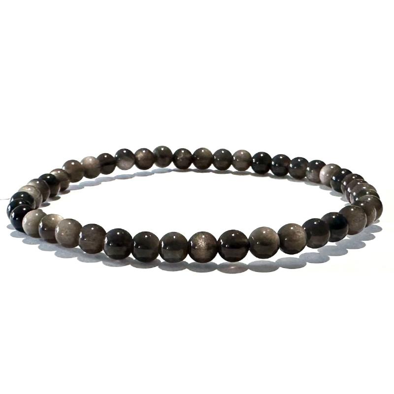 Bracelet obsidienne argentée Mexique A (boules 3-4mm)