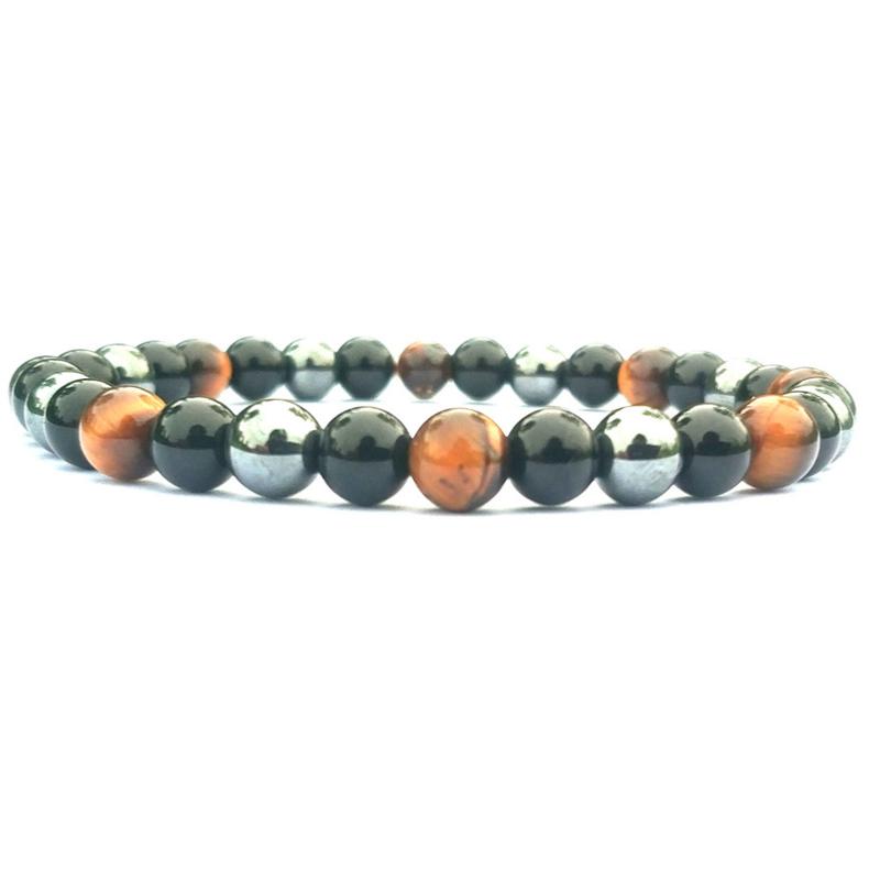 Bracelet triple protection (oeil de tigre, onyx, hématite) A (boules 5-6mm)