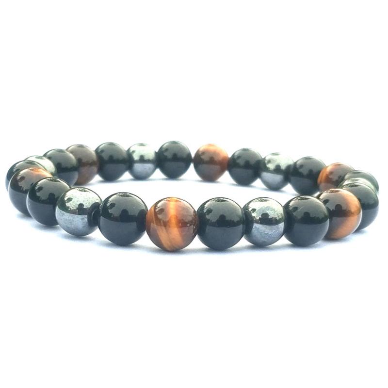 Bracelet triple protection (oeil de tigre, obsidienne, hématite) A (boules 10mm)