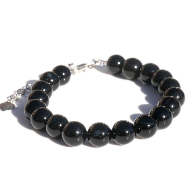 Bracelet onyx noir boules 7-8mm chaînette en argent