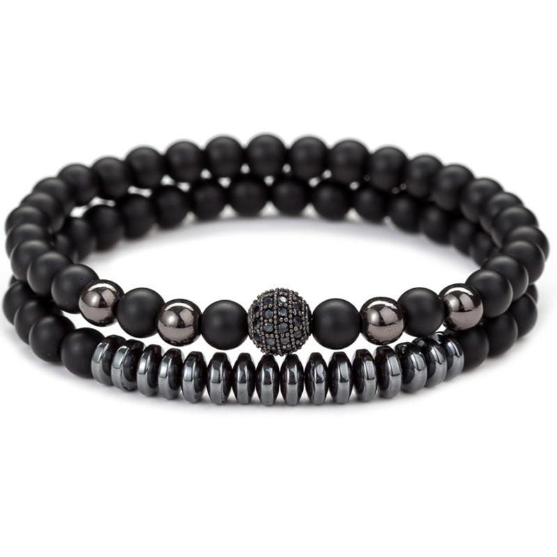 Lot de 2 bracelets Homme onyx dépoli, hématite, zircon (boules 6mm)